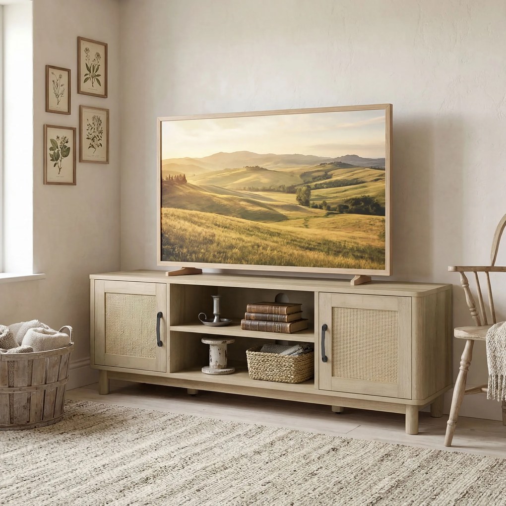 HOMCOM Comodă TV 135 cm, mobilier TV pentru televizor până la 165,1 cm cu 2 uși din ratan, 2 compartimente deschise, stejar | Aosom Romania