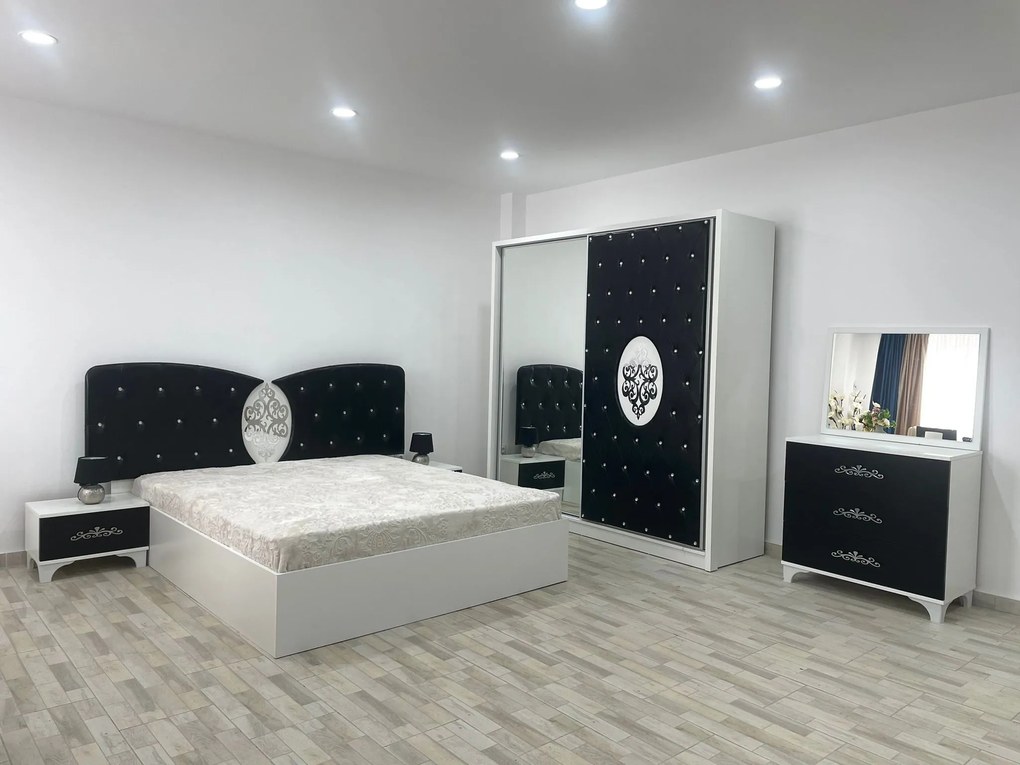 Dormitor Viena, culoare alb / negru, cu pat tapitat 160 x 200 cm, dulap cu 2 usi, comoda cu oglinda, 2 noptiere si saltea