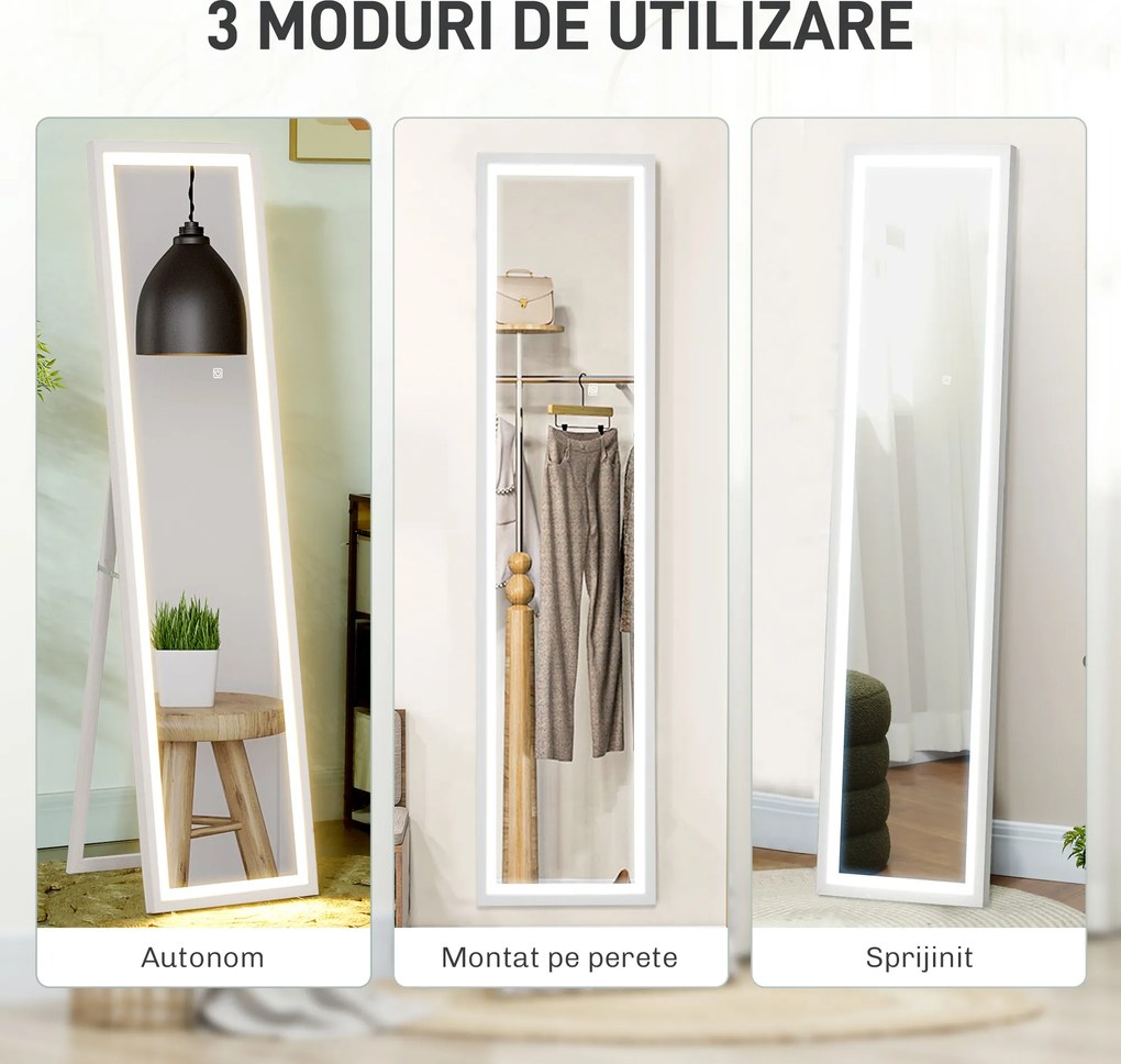 HOMCOM Oglindă Iluminată cu Lumini LED Reglabile și Buton Tactil, din Sticlă și MDF, 40x5x160 cm, Alb | Aosom Romania