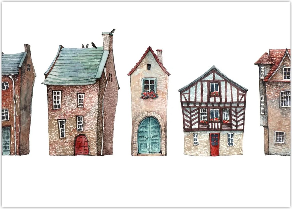 Tablou pe sticlă - Case în acuarelă (70x50 cm)