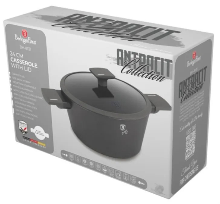 Oală cu capac 24 cm, 4.1L – Berlinger Haus BH8131, Anthracite Collection, antiaderentă, pentru supe sau tocănițe