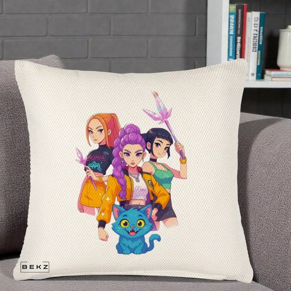 Perna Personalizata K-pop HUNTRX Trio cu Pisica si Cristale, 40x40 cm, Crem Reliefat, Husa Detasabila, Perna Inclusa, BEKZ®