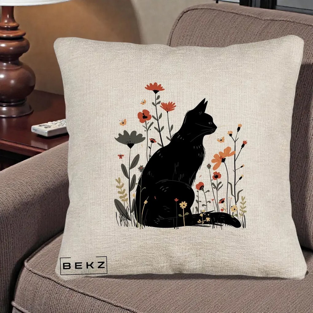 Perna Decorativa Pisica Neagra Profil Flori Portocalii, 40x40 cm, Bej Canapea, Husa Detasabila, Perna Inclusa, BEKZ®