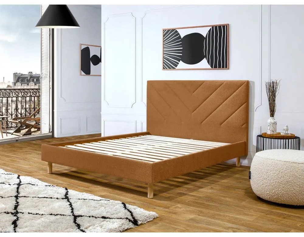 Pat matrimonial portocaliu tapițat cu somieră 140x190 cm Romane – Bobochic Paris