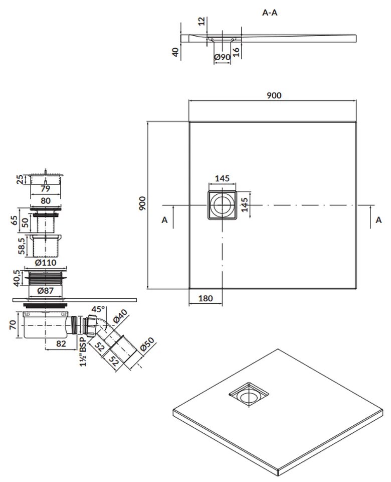 Cadita dus patrata gri mat 90x90 cm Cersanit Tako Slim cu sifon inclus 900x900 mm