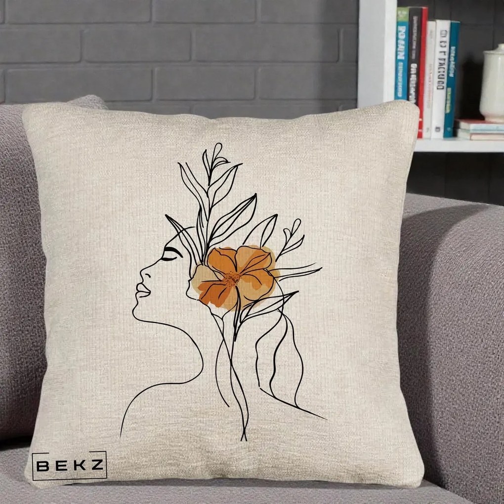 Perna Decorativa Portret Feminin Floare Portocalie Lateral, 40x40 cm, Bej Canapea, Husa Detasabila, Perna Inclusa, BEKZ®