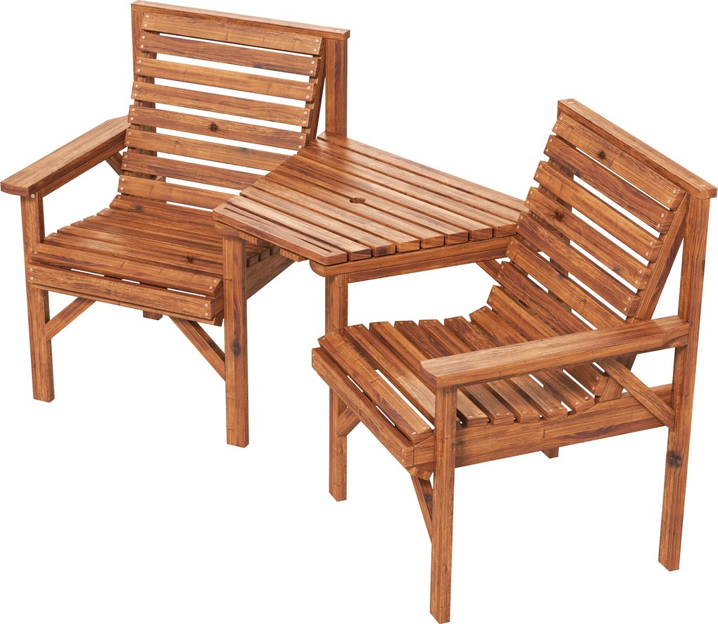 Outsunny Set bistro 3 piese din lemn rezistent la intemperii, set mobilier grădină cu design lamelar și orificiu pentru umbrelă, Carbonizat | Aosom Romania