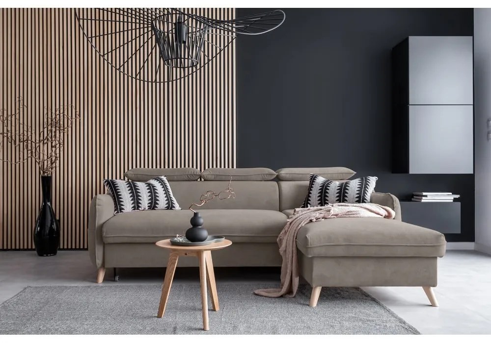 Colțar maro deschis extensibil cu tapițerie din catifea (cu colț pe partea dreaptă) Sweet Harmony – Miuform