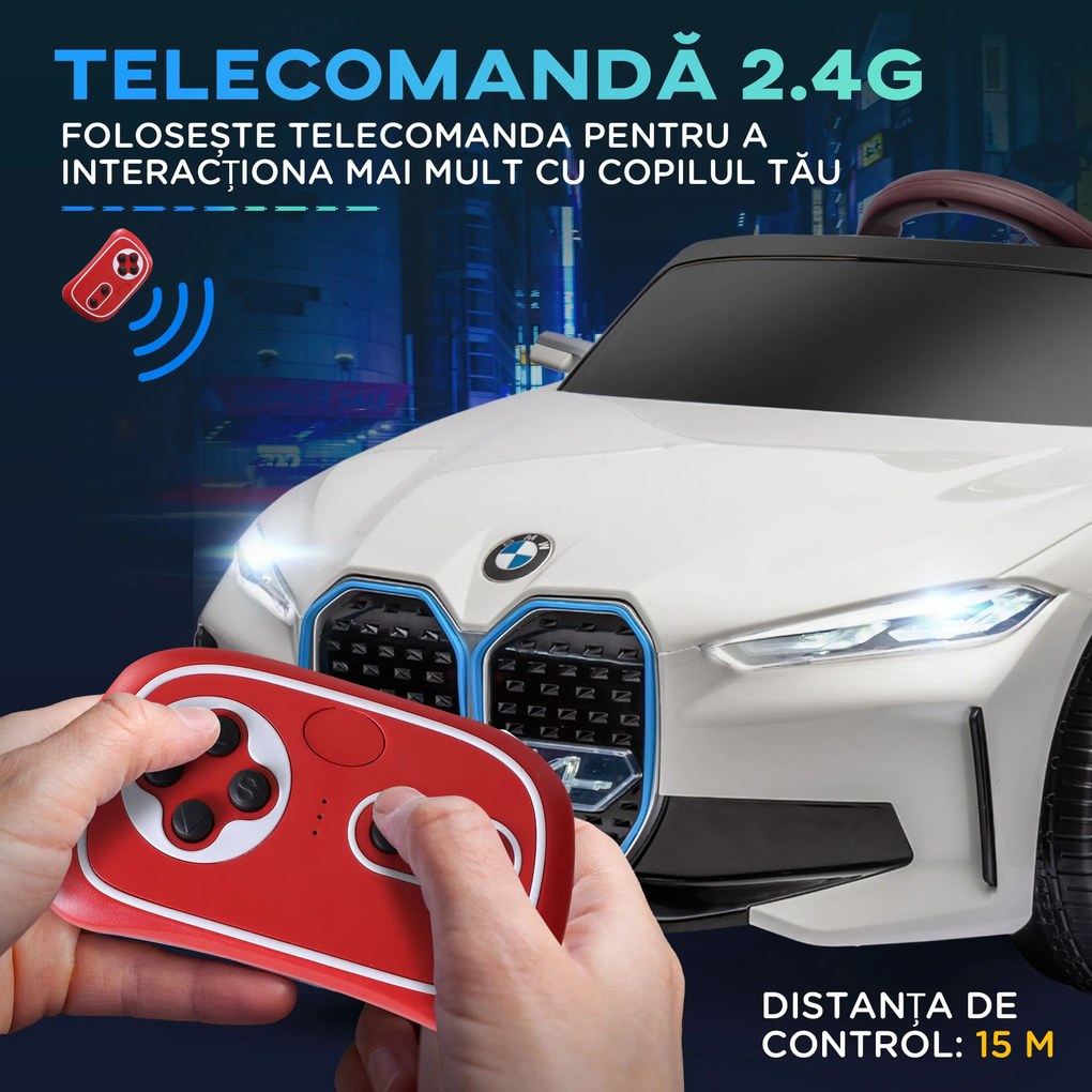HOMCOM Masinuta Electrica pentru Copii BMW i4 cu Licenta de 12V cu Telecomanda, Baterii Portabile, Muzica, Claxon, pentru 3-6 ani Alb | Aosom Romania