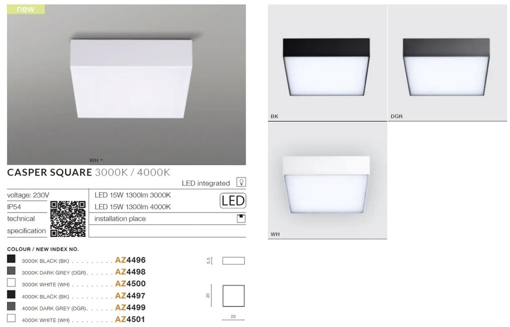 Plafoniera LED pentru exterior IP54 CASPER SQUARE 3000K DGR