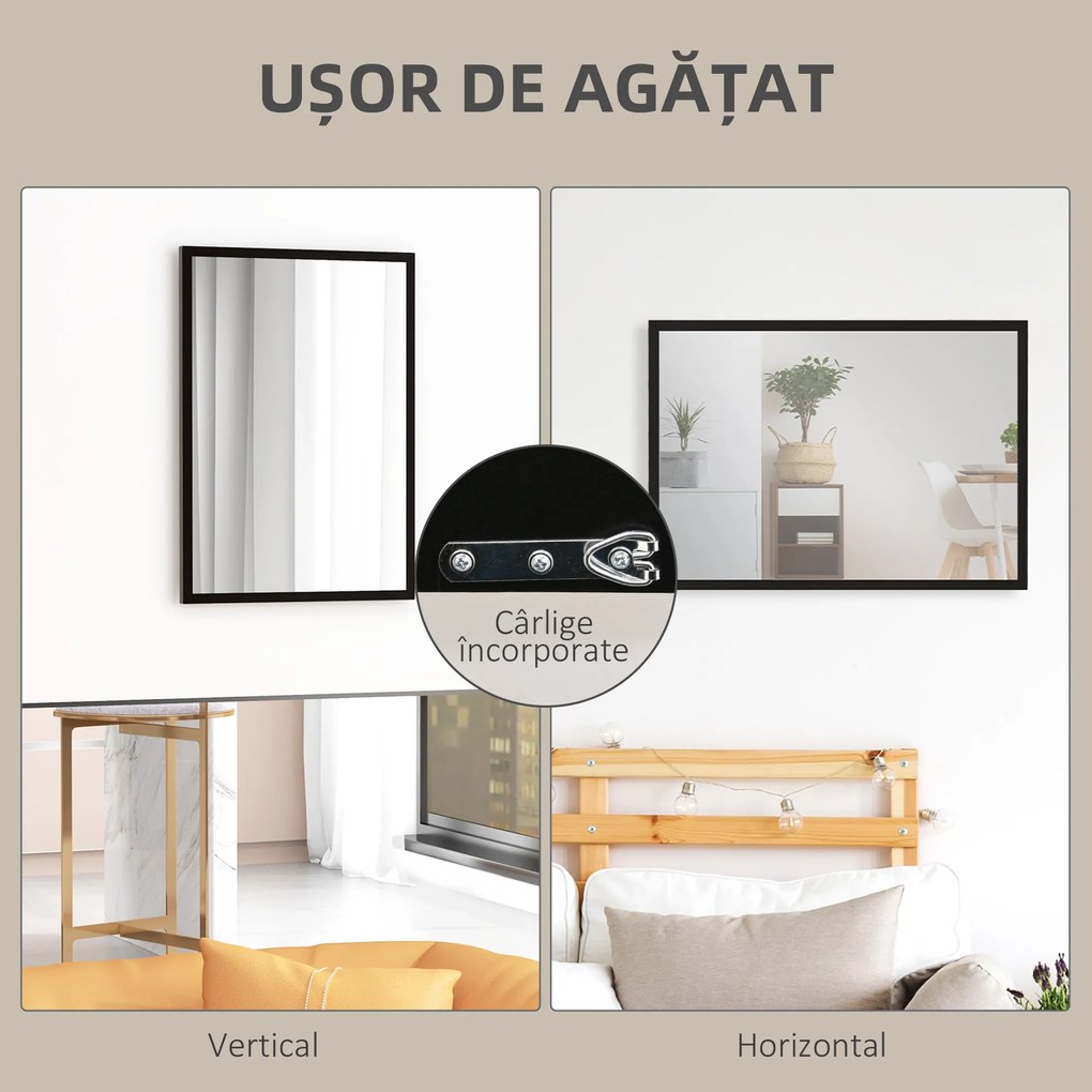 HOMCOM Oglindă Dreptunghiulară de Perete cu Cârlige, Sticlă și MDF, 60x80 cm, Negru | Aosom Romania