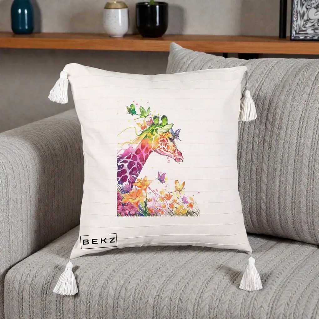 Perna Decorativa Girafa Curcubeu Acuarela, 40x40 cm, Bej cu Franjuri, Husa Detasabila, Perna Inclusa, BEKZ®