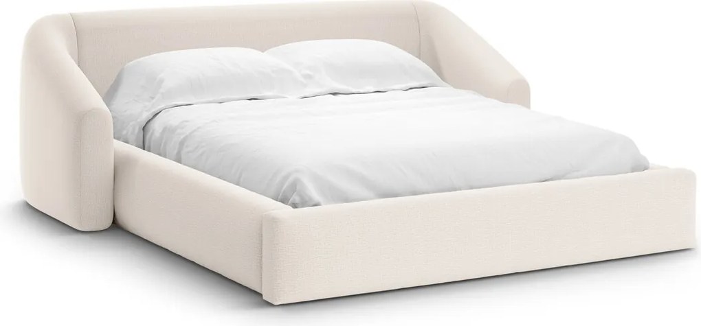 Pat tapitat cu somiera rabatabila si lada depozitare, 160x200 cm, Windsor & Co, Halo, tesatura structurata, bej deschis