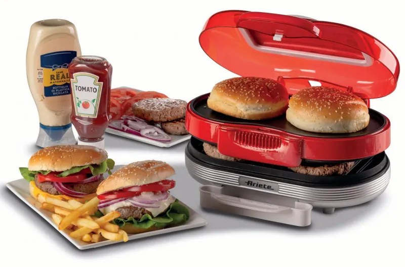 Aparat preparare burgeri Ariete Party Time 0205/00, 1200W, 2 compartimente, Placi neaderente, Tava detasabila, Rosu