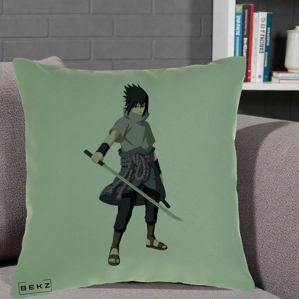 Perna Personalizata Naruto Sasuke Uchiha cu Sabia, 40x40 cm, Verde, Husa Detasabila, Perna Inclusa, BEKZ®