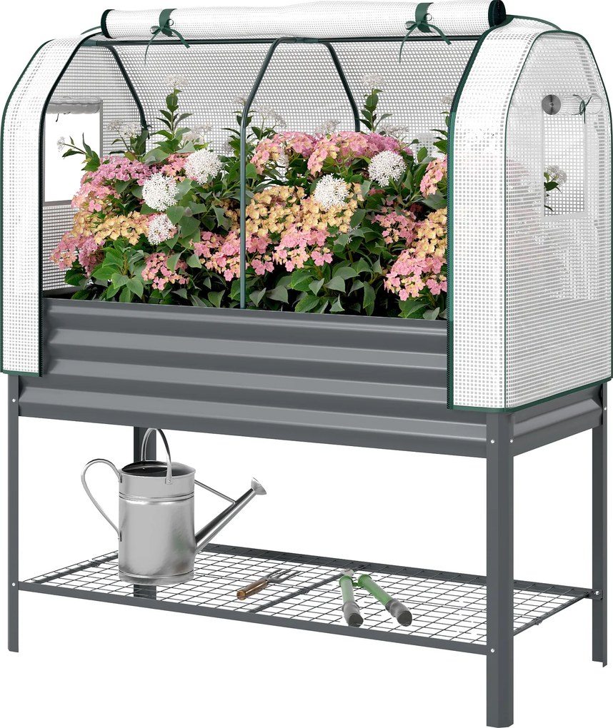 Outsunny Bazin de grădină pe picioare din metal cu seră, jardiniere ridicată cu căptușeală și poliță inferioară, Gri închis | Aosom Romania