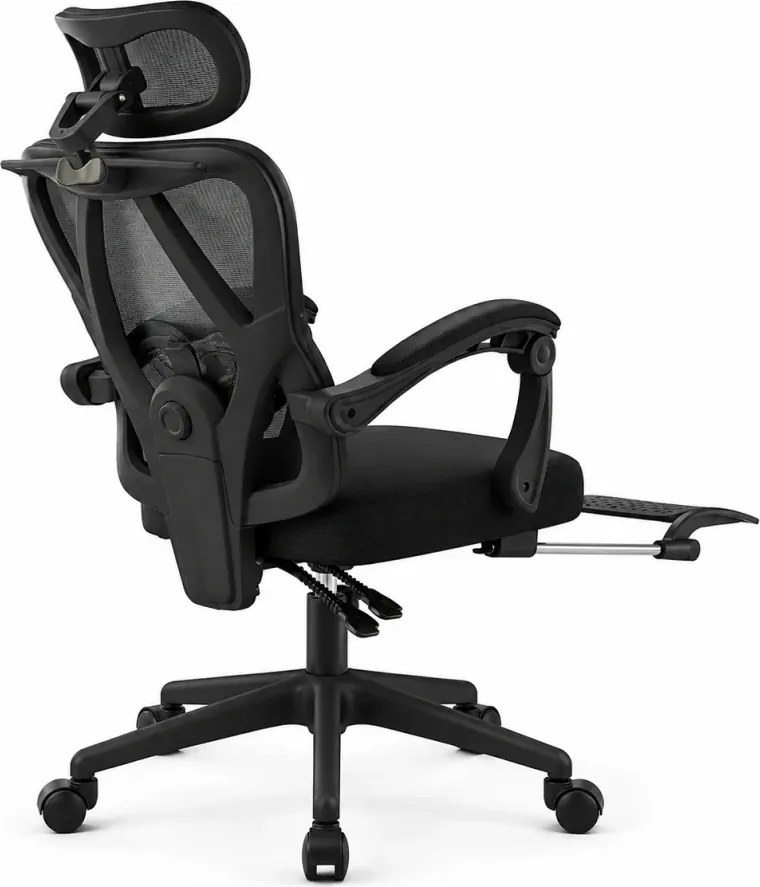 Scaun ergonomic cu suport lombar 4D, tetieră reglabilă 4D, pivotant 360°, suport pentru picioare, Negru