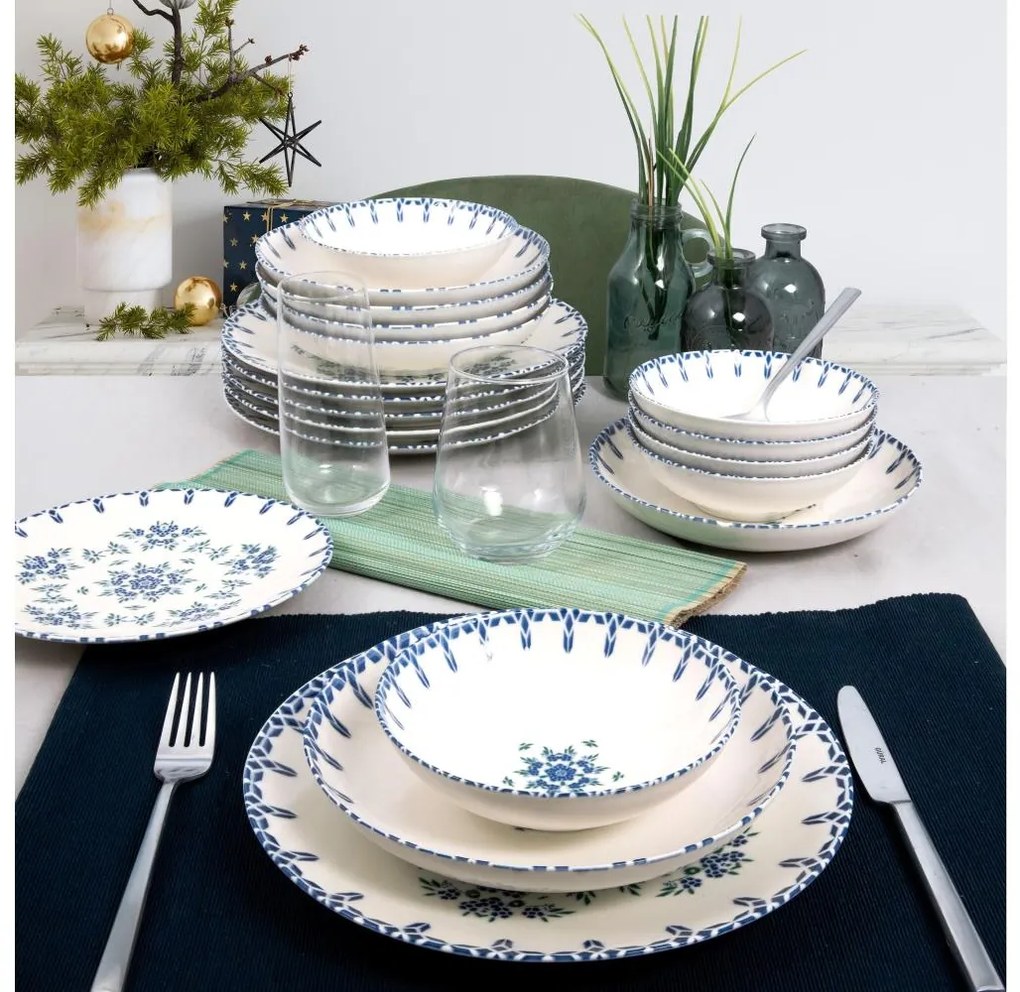 Set de masă 24 piese alb/albastru/porțelan