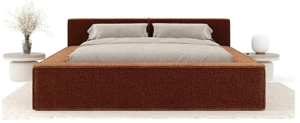 Pat matrimonial portocaliu tapițat cu spațiu de depozitare cu somieră 180x200 cm Voliera – Maison de Rêve