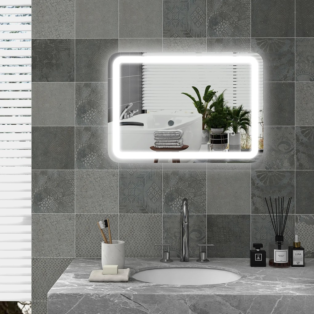 kleankin Oglindă LED, pentru Baie și Machiaj,lumina Reglabilă cu 3 Temperaturi de Culoare, Design anti-aburire, 70x50 cm, Argintiu | Aosom Romania