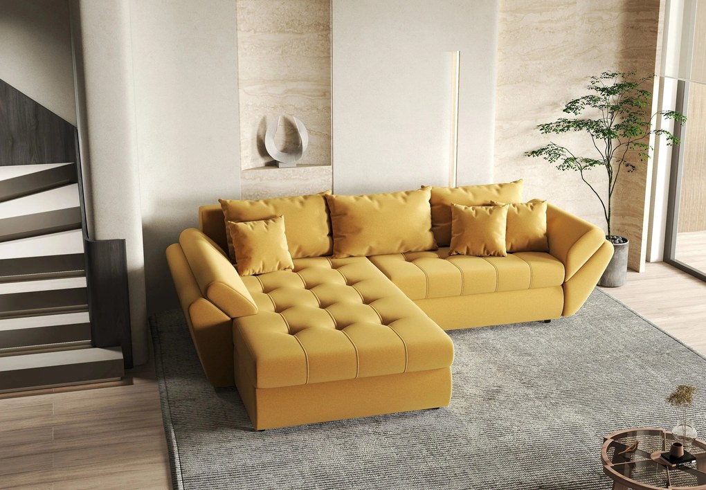 Colțar extensibil dumonde cu ladă de depozitare si sezut confortabil din spuma high-density, Loana Royal Muștar 270x185 cm