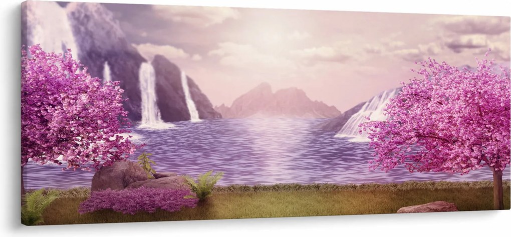 Tablou cu pomi roz cu lac (120x50 cm)