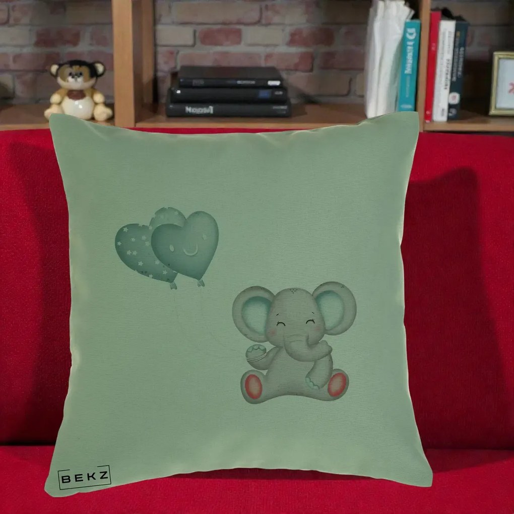 Perna Decorativa, Model Elefant si baloane in forma de inimioare, 40x40 cm, Verde, Husa Detasabila, Perna Inclusa, BEKZ®