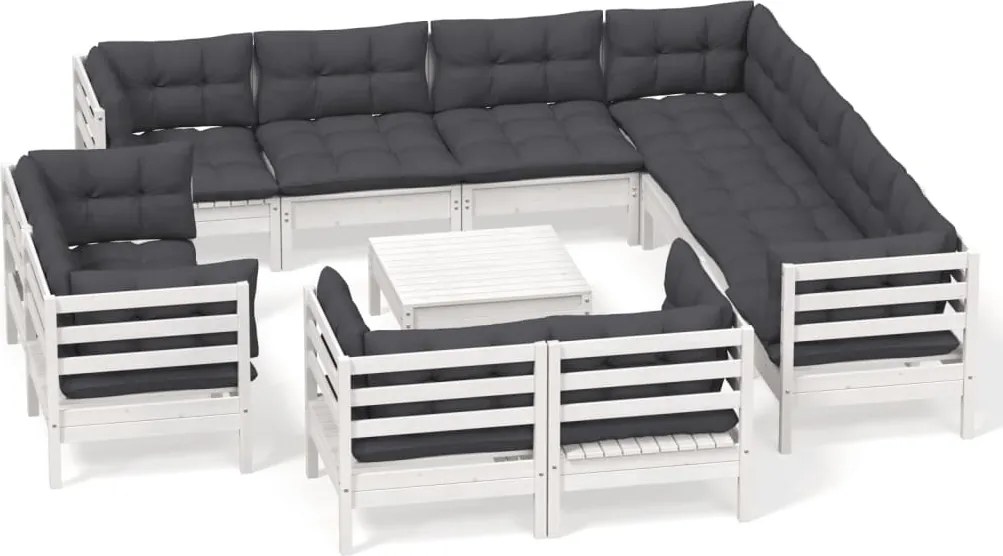 vidaXL Set mobilier grădină cu perne, 12 piese, alb, lemn masiv pin