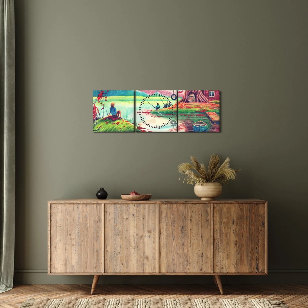 Tablou - Acuarelă, Golf într-un sat de munte (cu ceas) (90x30 cm)