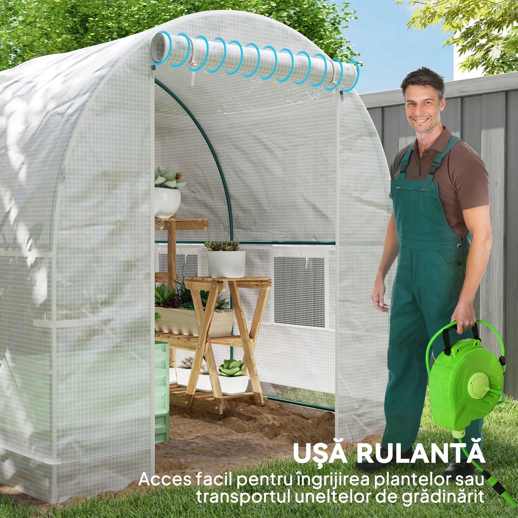 Outsunny Seră de Grădină Tip Tunel cu Cadru din Oțel și 4 Ferestre în PE 2.5x2x2m, Alb | Aosom Romania