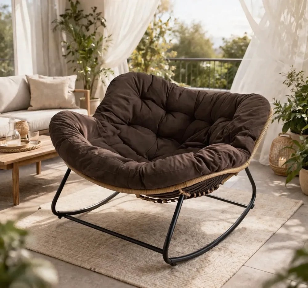 Scaun balansoar pentru interior si exterior, sezlong tip ou cu pernă captusita, cadru metalic, Maro