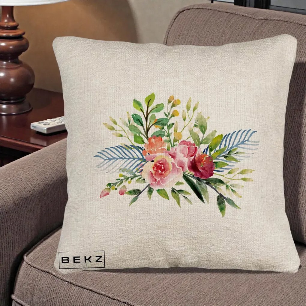Perna Decorativa Buchet Flori Acuarela Roz-Verde, 40x40 cm, Bej Canapea, Husa Detasabila, Perna Inclusa, BEKZ®