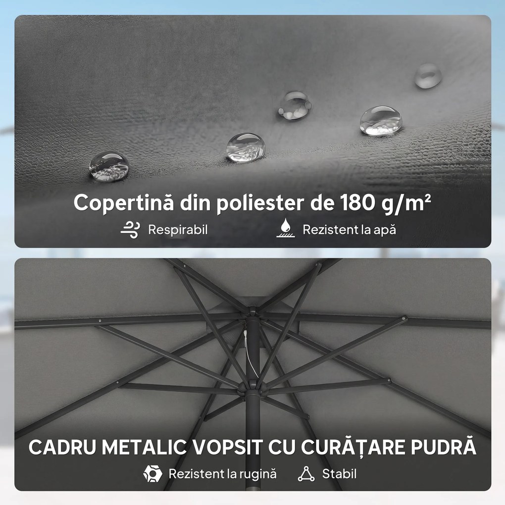 Outsunny Umbrelă 3x3 m cu Bază, Sac de Nisip, Manivelă, Gri Închis | Aosom Romania