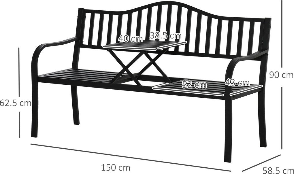 Bancă de Grădină Outsunny din Metal cu Măsuță Centrală Retractabilă, Bancă Loveseat pentru Terasă cu Șezut și Spătar cu Șipci, pentru 2–3 Persoane, Neagră | Aosom Romania