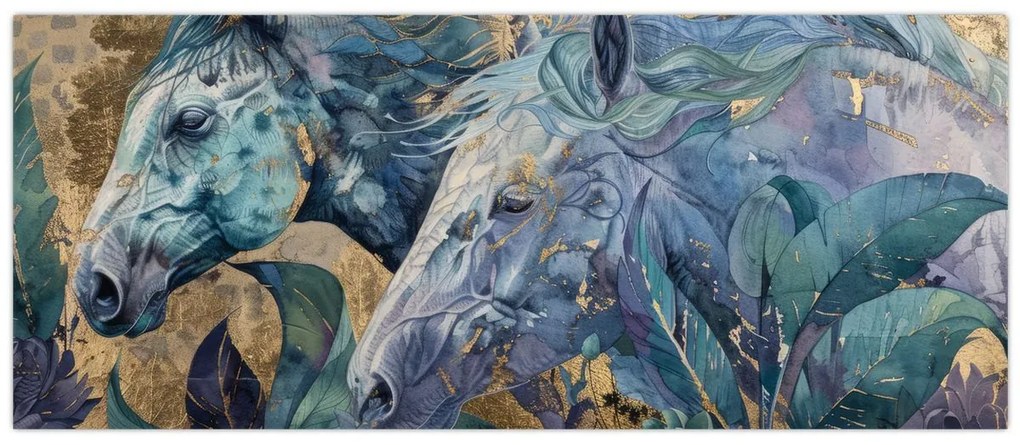 Tablou - Cai cu fundal auriu (120x50 cm)