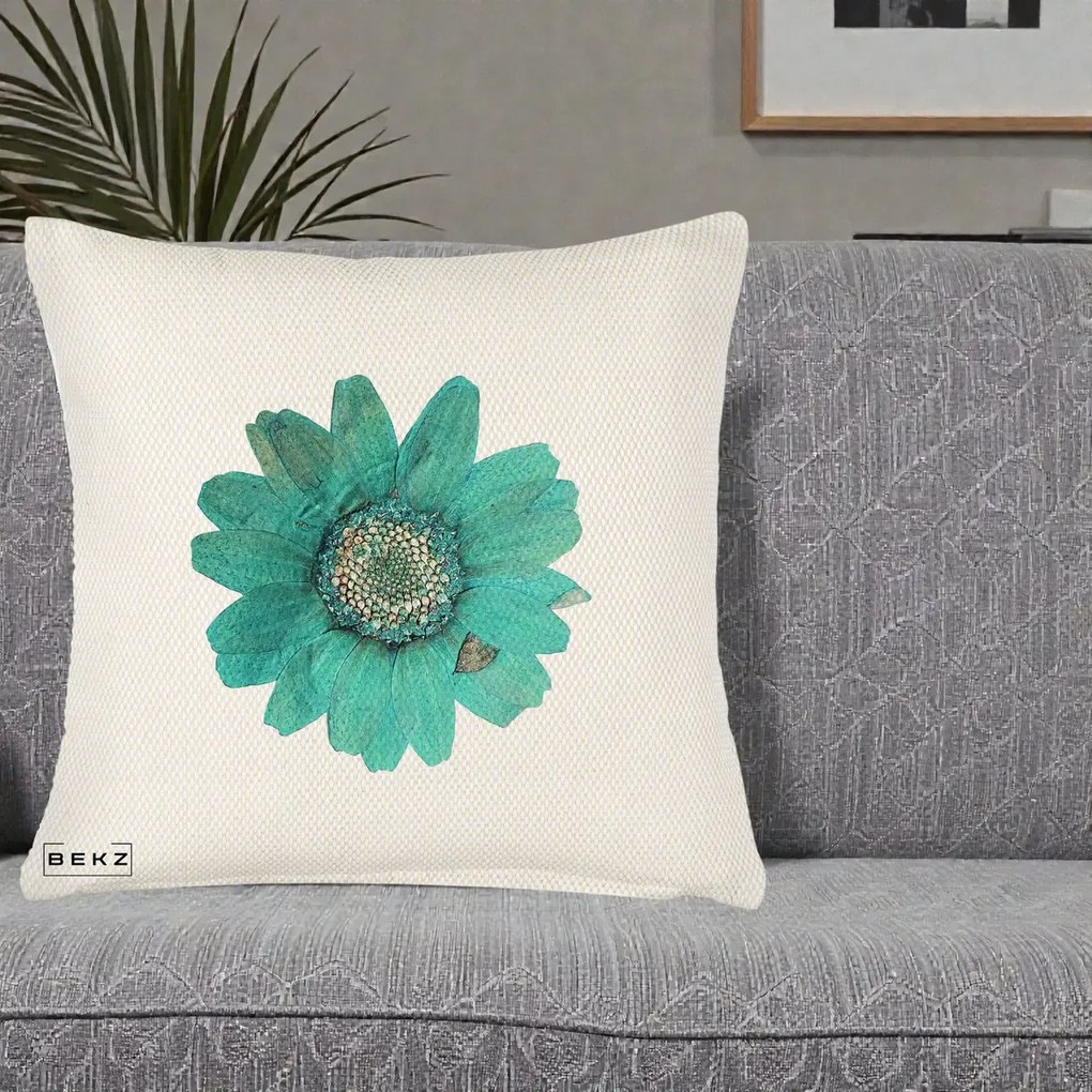Perna Decorativa Floare Gerbera Teal Acuarela, 40x40 cm, Crem Reliefat, Husa Detasabila, Perna Inclusa, BEKZ®