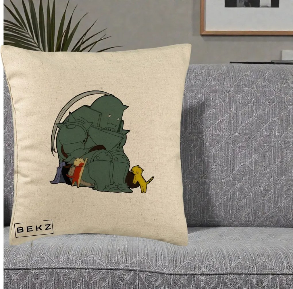 Perna Personalizata Fullmetal Alchemist Alphonse cu Pisici, 40x40 cm, Bej, Husa Detasabila, Perna Inclusa, BEKZ®