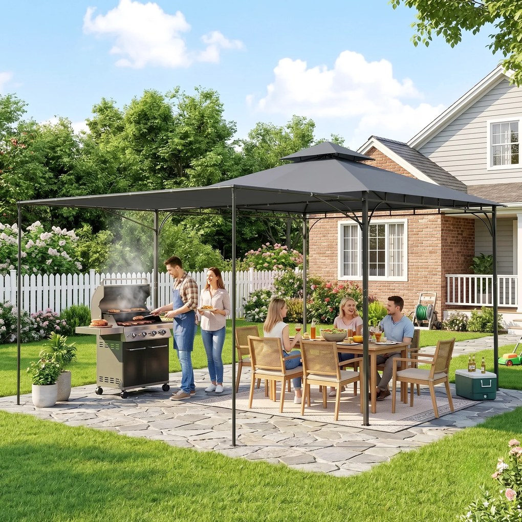 Outsunny Foișor de Grădină 3.2x3.2 m cu Acoperiș Extensibil, Foișor de Exterior cu Acoperiș Dublu Ventilat, Găuri de Drenaj, Cadru Metalic, pentru Grădină, Balcon, Petreceri, Terasă, UV30+, Gri Închis | Aosom Romania