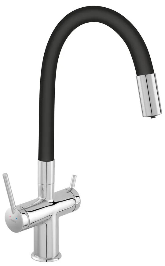 Baterie bucatarie cu pipa flexibila Ferro Filtrata compatibila cu sistem filtrare finisaj crom-negru