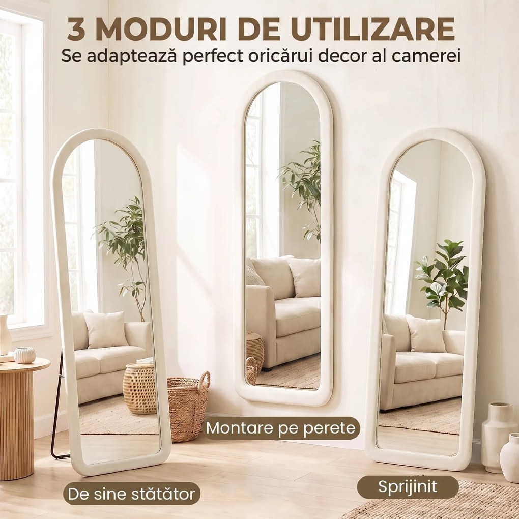 HOMCOM Oglindă de Podea 160x60 cm, cu Arcadă, Ramă din Flanelă, Alb Crem | Aosom Romania
