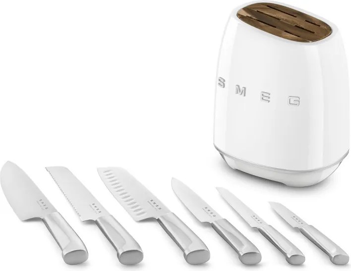 Set de cutite cu suport SMEG KBSF02WH, 7 piese, Manere din lemn de salcam, Otel inoxidabil german, Alb