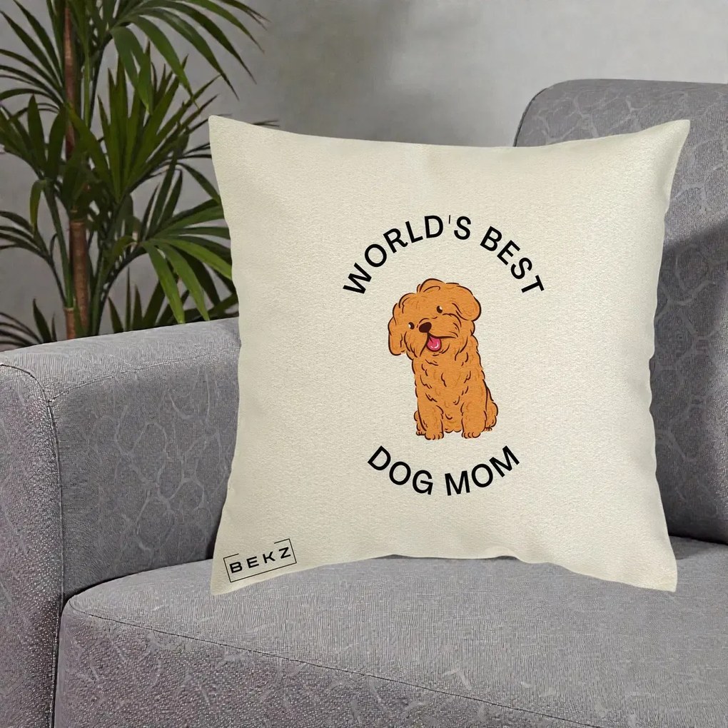 Cadou pentru Iubitorii de Caini - Perna Personalizata World's Best Dog Mom, 40x40 cm, Ecru, Husa Detasabila, Perna Inclusa, BEKZ®