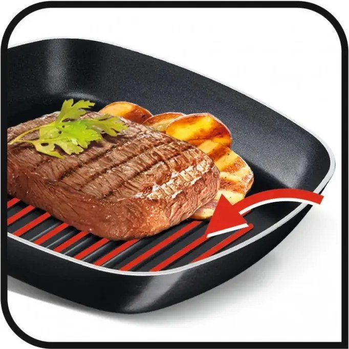 Tigaie grill Tefal B5674053, 26 cm, Acoperire titan, Fund DIFUSSION, Thermo-Signal, Thermo-Spot, Negru