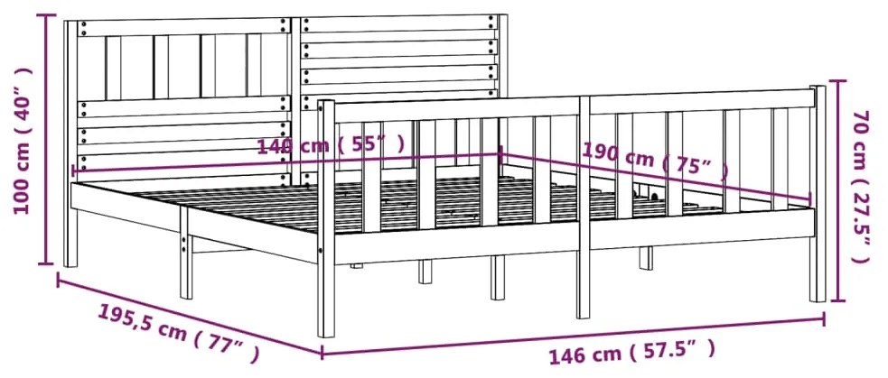 Cadru de pat, negru, 140x190 cm, lemn masiv Negru, 140 x 190 cm