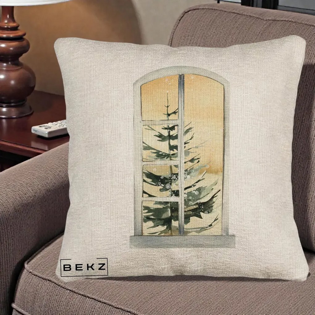 Perna Decorativa Fereastra cu Brad de Iarna, 40x40 cm, Bej Canapea, Husa Detasabila, Perna Inclusa, BEKZ®