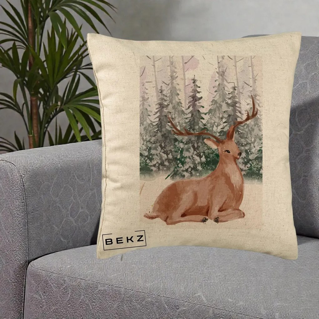 Perna Decorativa Ren in Padure Roz Moale, 40x40 cm, Bej, Husa Detasabila, Perna Inclusa, BEKZ®