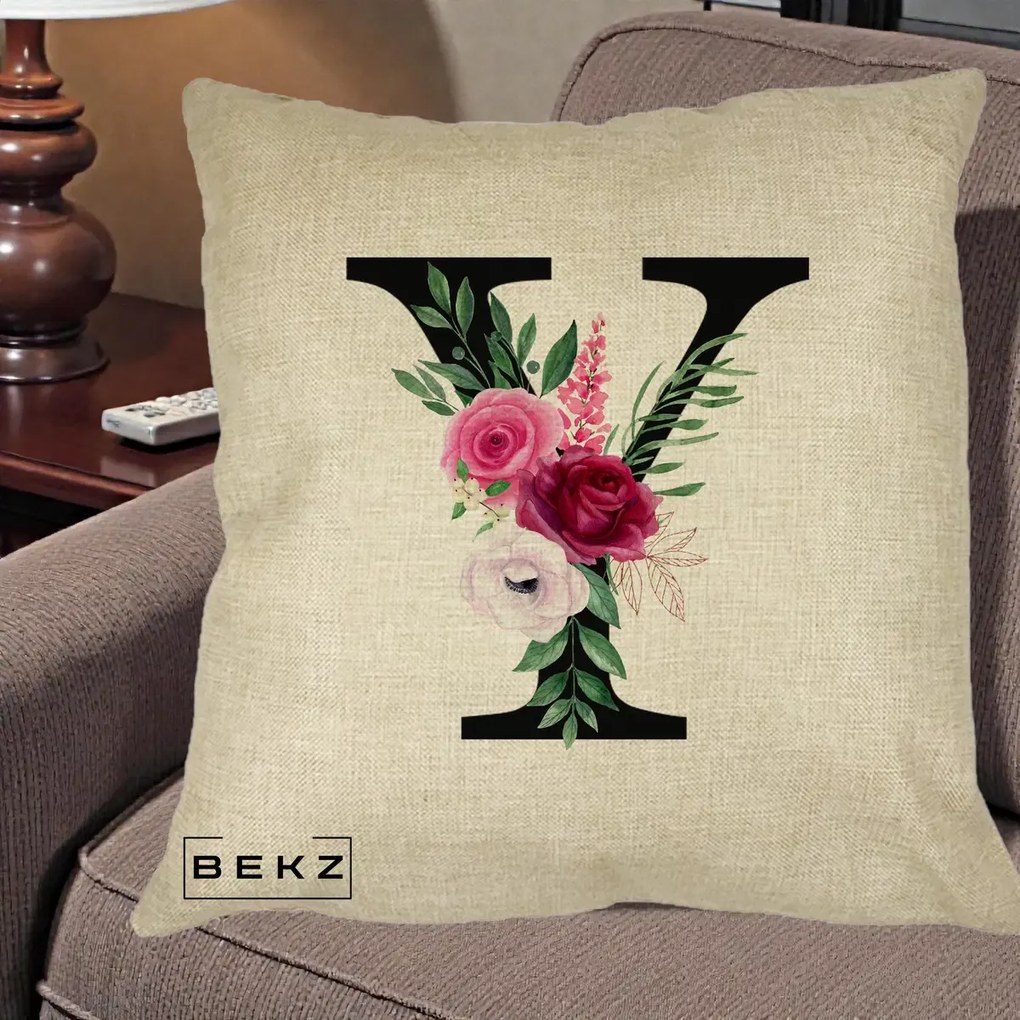 Cadou Personalizat - Perna Personalizata Monograma Florala Litera Y cu Buchet, 40x40 cm, Crem, Husa Detasabila, Perna Inclusa, BEKZ®