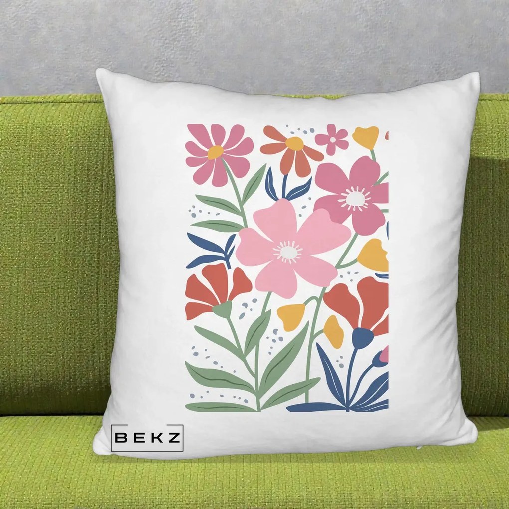 Perna Decorativa Flori Grafice Roz si Terracotta, 40x40 cm, Alb Pufos, Husa Detasabila, Perna Inclusa, BEKZ®