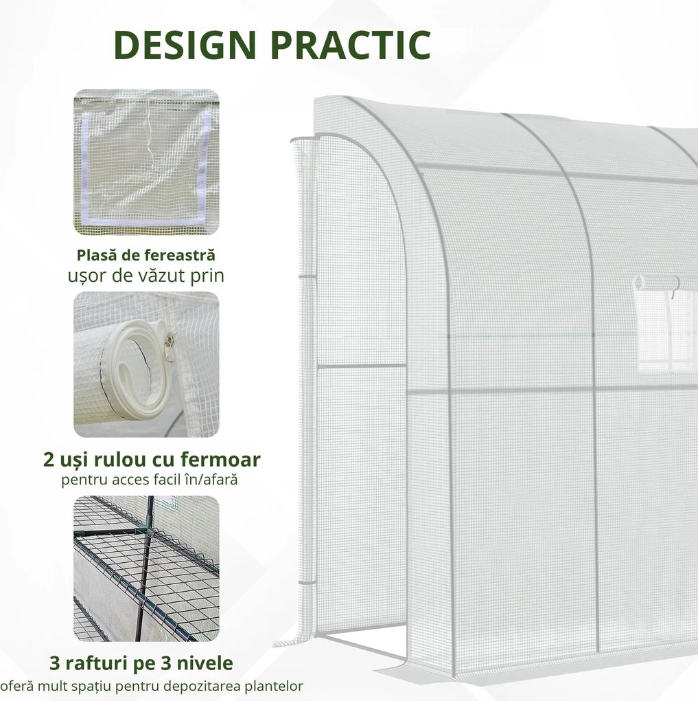 Outsunny 7' x 3' x 7' Outdoor Walk-In Greenhouse, Plant Nursery with Roll-up Windows, PE Cover, and 3 Wire Shelves, White | Aosom Romania