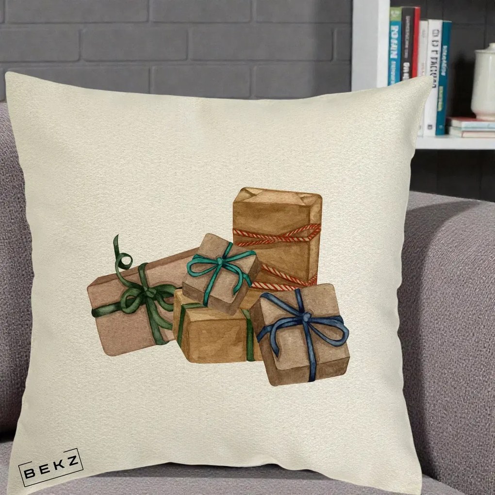 Perna Decorativa Cadouri de Craciun Kraft, 40x40 cm, Ecru, Husa Detasabila, Perna Inclusa, BEKZ®